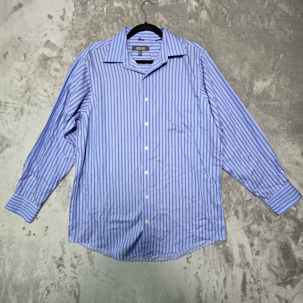 Kenneth Cole Reaction Mens Blue Striped Non Iron Dress Shirt Medium 15-15.5